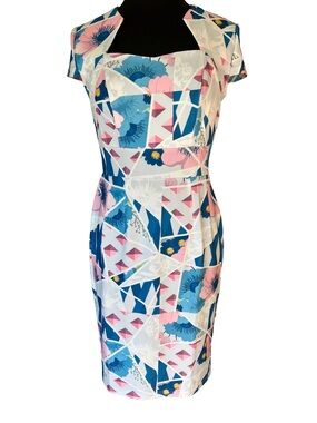 NWOT Grace Karin Pink, Blue & White Floral Geometric Print Bodycon Midi Dress